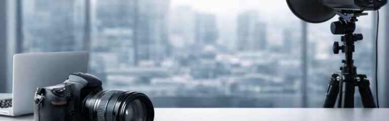 Espacio de trabajo porfesional con cámara réflex y equipo de iluminación para curso de fotografía online.